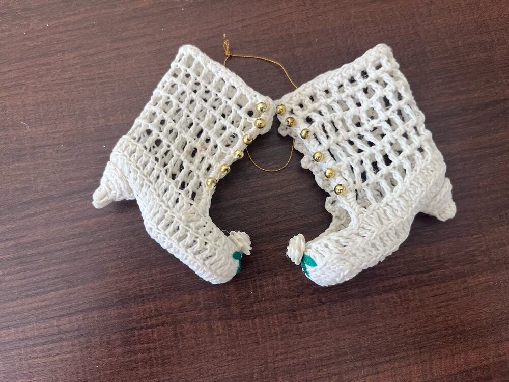 VTG‼ Handmade Hardened Molded Lace Crochet Doilie Victorian Boot Shoe Ornament